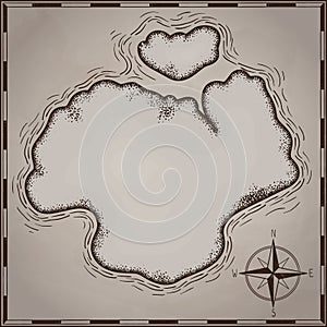Pirates treasure map hand drawn cartoon black ink isolated on white , palms at uninhabited island cross sign way search gold chest