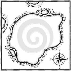 Pirates treasure map hand drawn cartoon black ink isolated on white , palms at uninhabited island cross sign way search gold chest