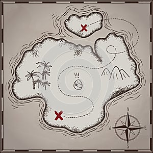 Pirates treasure map hand drawn cartoon black ink isolated on white , palms at uninhabited island cross sign way search gold chest