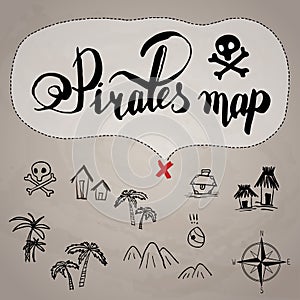 Pirates map icon set old ink hand drawn cartoon style , black isolated on white  illustration . text lettering , rose of win