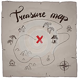 Pirates treasure map hand drawn cartoon black ink on old paper texture , palms at uninhabited island cross sign way search gold ch