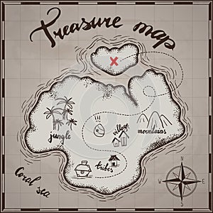 Pirates treasure map hand drawn cartoon black ink on old paper texture , palms at uninhabited island cross sign way search gold ch