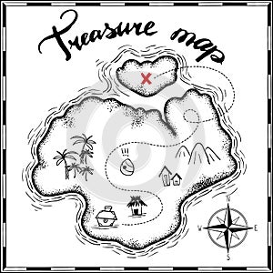 Pirates treasure map hand drawn cartoon black ink on old paper texture , palms at uninhabited island cross sign way search gold ch