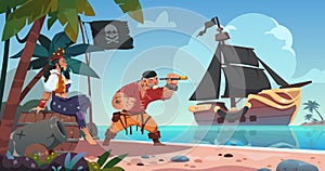 Pirates on tropical island. Sea landscape with pirate ship and male character looking at spyglass. Cartoon woman sitting