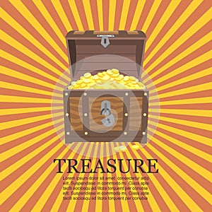 Pirates trunks chests with gold coins treasures vector illustration. Treasure in old box on vintage stripped background