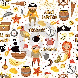 Pirates vector cartoon seamless pattern. Adventures and Pirate party background for Kindergarten. Children Adventure