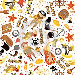 Pirates vector cartoon seamless pattern. Adventures and Pirate party background for Kindergarten. Children Adventure