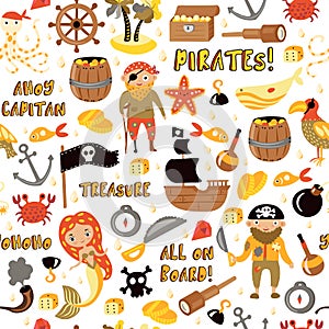 Pirates vector cartoon seamless pattern. Adventures and Pirate party background for Kindergarten. Children Adventure photo