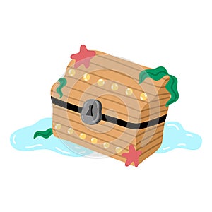Pirates wooden treasure chest on sea bottom vector illustration
