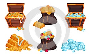 Piratic Chests and Sack With Treasures Vector Set