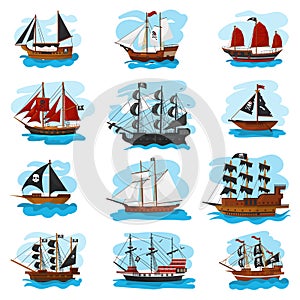 Piratic ship vector pirating boat vessel sailboat and powerful piratical speedboat illustration marine set of pirate