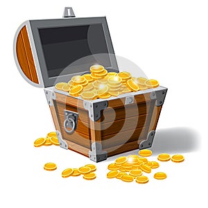 Piratic trunk chests with gold coins treasures. . Vector illustration. Catyoon style, isolated