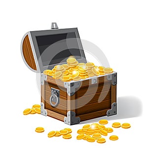 Piratic trunk chests with gold coins treasures. . Vector illustration. Catyoon style, isolated photo