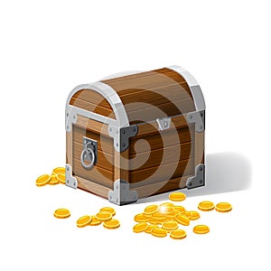 Piratic trunk chests with gold coins treasures. . Vector illustration. Catyoon style, isolated photo