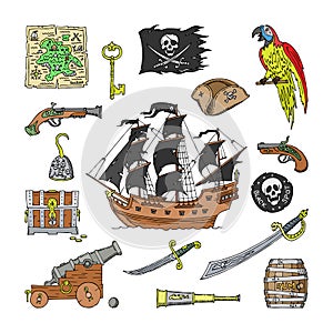 Piratic vector pirating sailboat and parrot character of pirot or buccaneer illustration set of piracy signs hat or