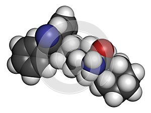 Piritramide opioid analgetic drug molecule. 3D rendering. Atoms are represented as spheres with conventional color coding: