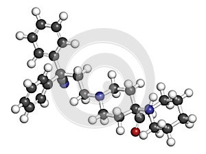 Piritramide opioid analgetic drug molecule. 3D rendering. Atoms are represented as spheres with conventional color coding: