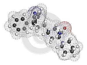 Piritramide opioid analgetic drug molecule. 3D rendering. Atoms are represented as spheres with conventional color coding: photo
