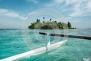 Pirogue on the way to paradise tropical atoll in Moorea Island l