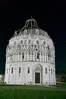 Pisa Baptistery or Battistero di San Giovanni Floodlit at Night, Tuscany, Italy