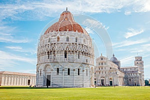 Pisa Baptistery of St. John and Cathedral and Leaning Tower of Pisa in Italy