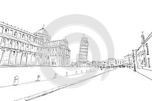 Pisa Cathedral. Leaning tower of Pisa. Pisa. Italy. Hand drawn sketch. Vector image