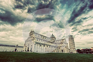 Pisa Cathedral with the Leaning Tower of Pisa, Tuscany, Italy. Vintage