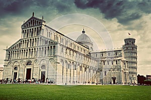 Pisa Cathedral with the Leaning Tower of Pisa, Tuscany, Italy. Vintage