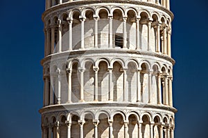 Pisa, Italy, February 2019, Close up view of the detailed on the main body of the leaning Tower of Pisa