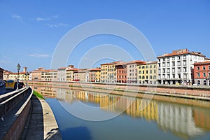 Pisa, Italy. September 16, 2023. The river Arno through the town of Psa, Italy