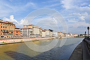 Pisa, Italy. September 16, 2023. The river Arno through the town of Psa, Italy