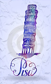 Pisa label with hand drawn Leaning tower of Pisa, lettering Pisa with watercolor fill