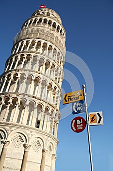 Pisa leaning tower with tourist signs photo