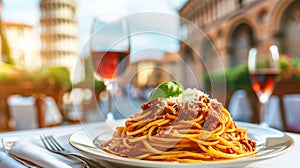 Pisa: A Plate of Delicious Spaghetti Bolognese With Sauce and Parmesan Cheese and the Leaning Tower of Pisa, Italy, in