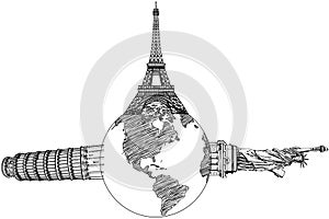 Pisa Tower, Eiffel Tower and Statue of Liberty.