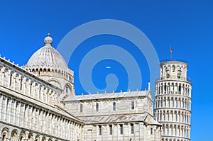 Pisa Tower view from miracle square. Pisa, Italy.