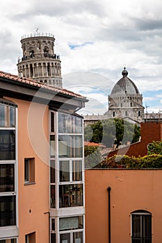 Pisa, Tuscany, Italy: Leaning Tower of Pisa and the Duomo from the medieval walls at Porta San Ranierino