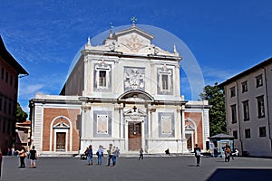 Pisa, Tuscany, Italy - May 16, 2019: the facade of the Church of Santo Stefano dei Cavalieri in Piazza dei Cavalieri