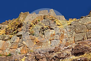 Pisac Inca wall and ruins. Cusco, Peru