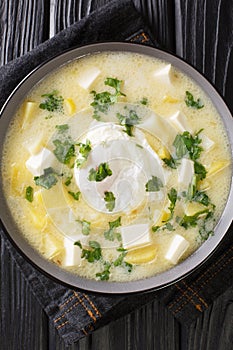 Pisca andina is a traditional Venezuelan breakfast of chicken broth with potatoes, eggs, cheese close-up in a bowl. vertical top photo