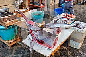 Piscaria, the street daily market in Catania Sicily Italy. Fresh fish, meat, vegetables