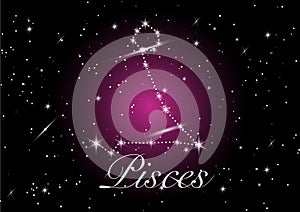 Pisces zodiac constellations sign on beautiful starry sky with galaxy and space behind. Fish sign horoscope symbol constellation