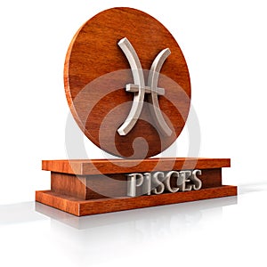 Pisces zodiac sign. 3D illustration of the zodiac sign Pisces made of stone on a wooden stand with the name of the sign at the bas