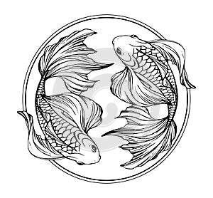 Pisces zodiac sign, boho line tattoo, two beautiful fishes in a circle. Vector engraving stylization, horoscope element