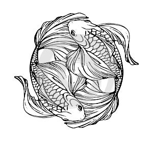 Pisces zodiac sign, boho line tattoo, two beautiful fishes in a circle. Vector engraving stylization, horoscope element