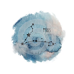 Pisces zodiac sign constellation on watercolor background isolated on white, horoscope character