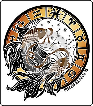Pisces and the zodiac sign.Horoscope circle.Vector photo