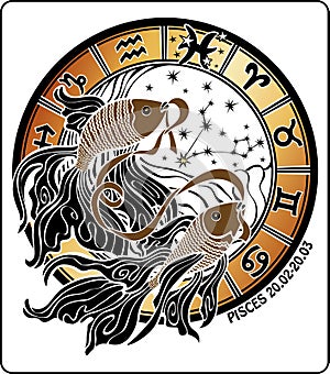 Pisces and the zodiac sign.Horoscope circle.Vector