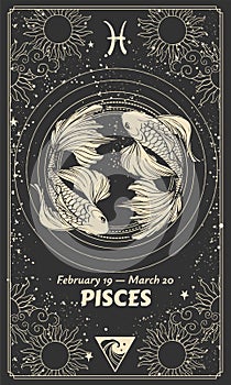 Pisces zodiac sign, vintage hand drawing, graphic modern astrology card, horoscope on black background with sun and moon