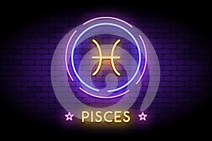 The Pisces zodiac symbol in neon style on a wall.